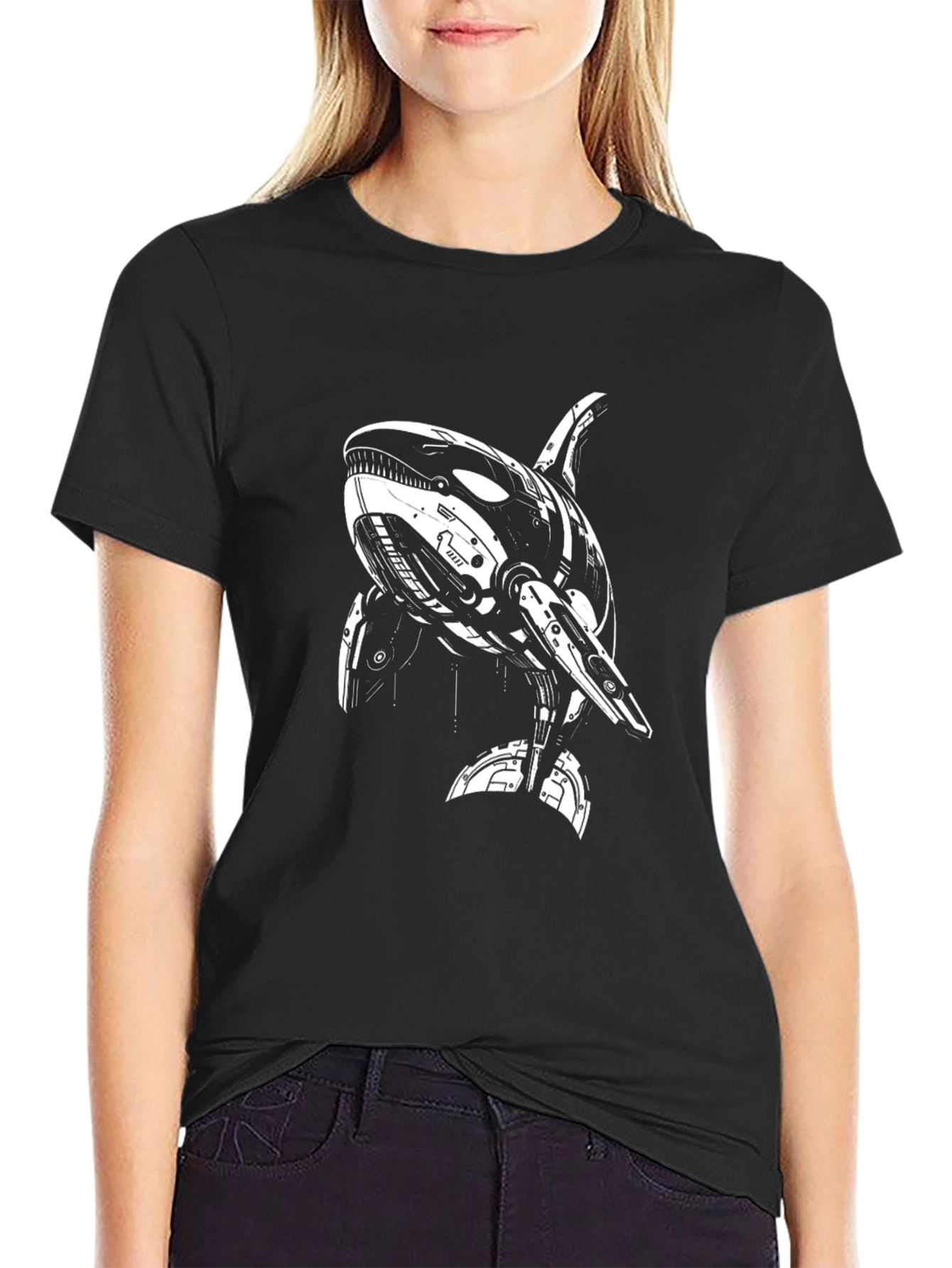 Camiseta Negra con Diseño de Orca Robótica