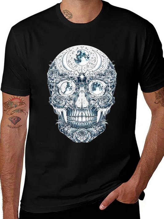 Camiseta Negra con Estampado de Calavera Floral y Lunar