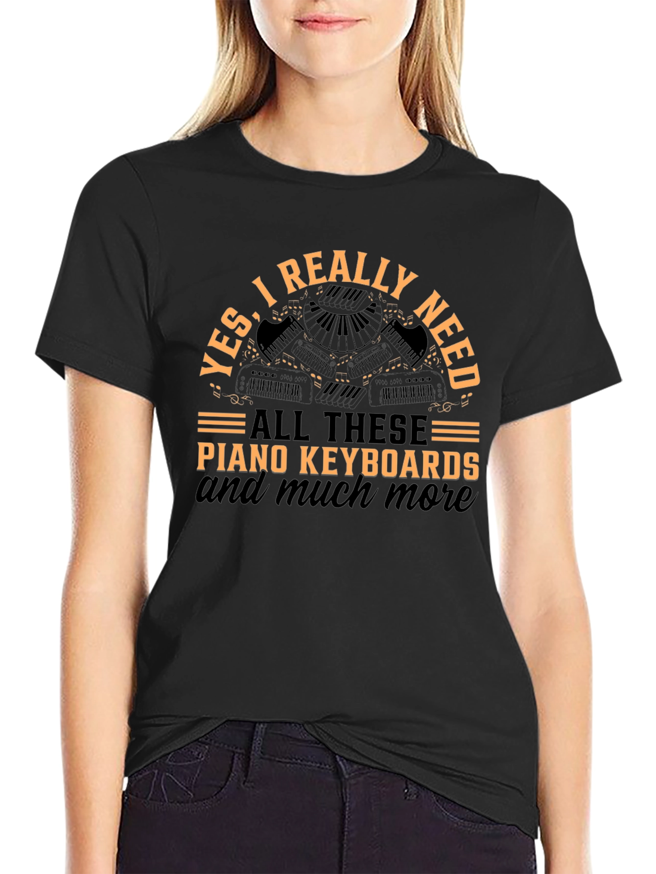 Camiseta Negra con Diseño de Teclados de Piano