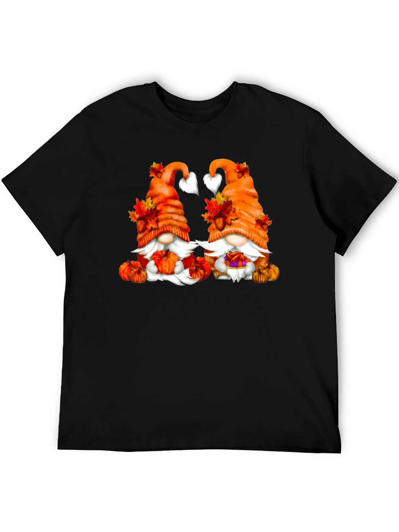 Camiseta Negra con Diseño de Gnomos Otoñales