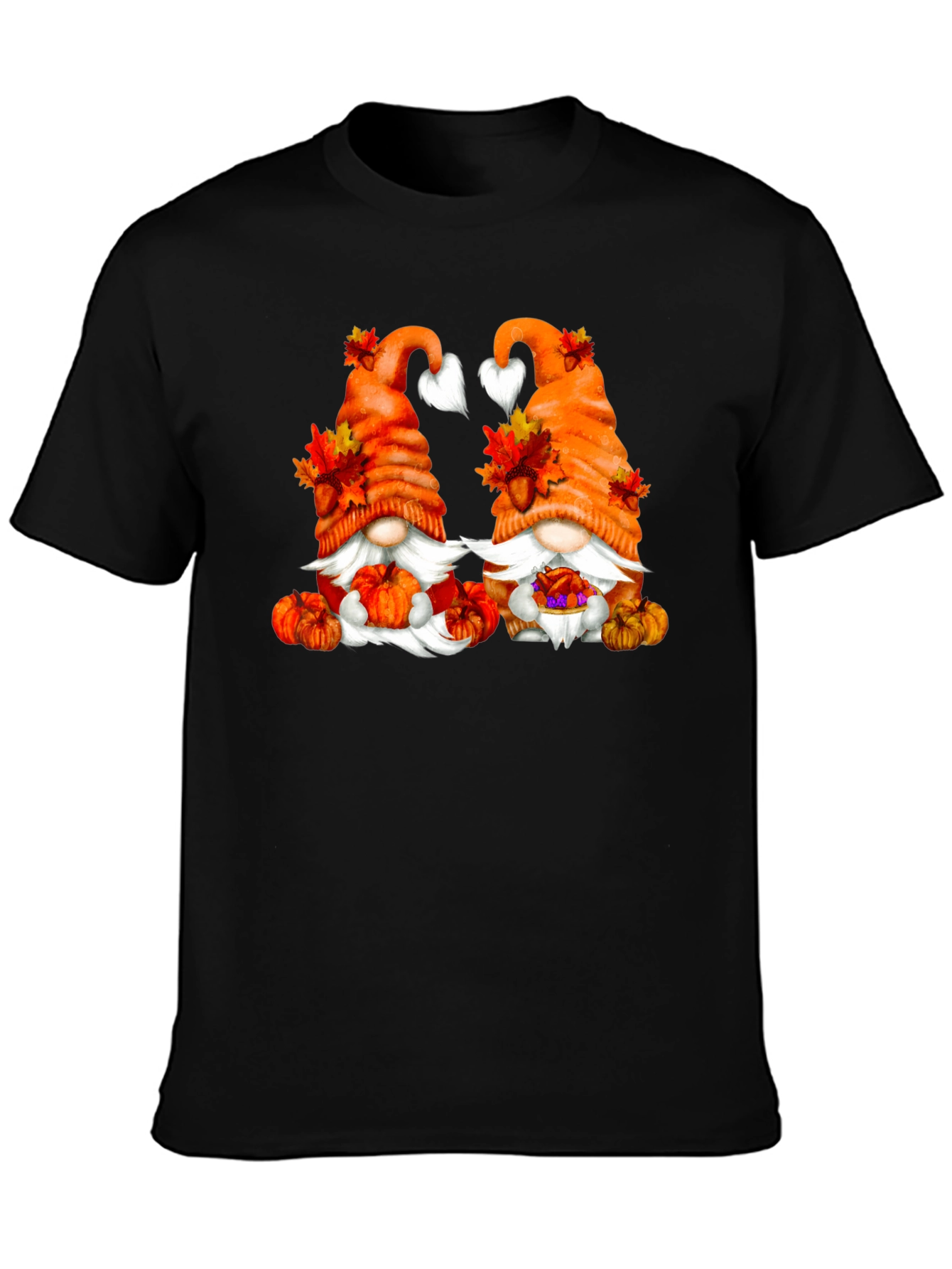 Camiseta Negra con Diseño de Gnomos Otoñales