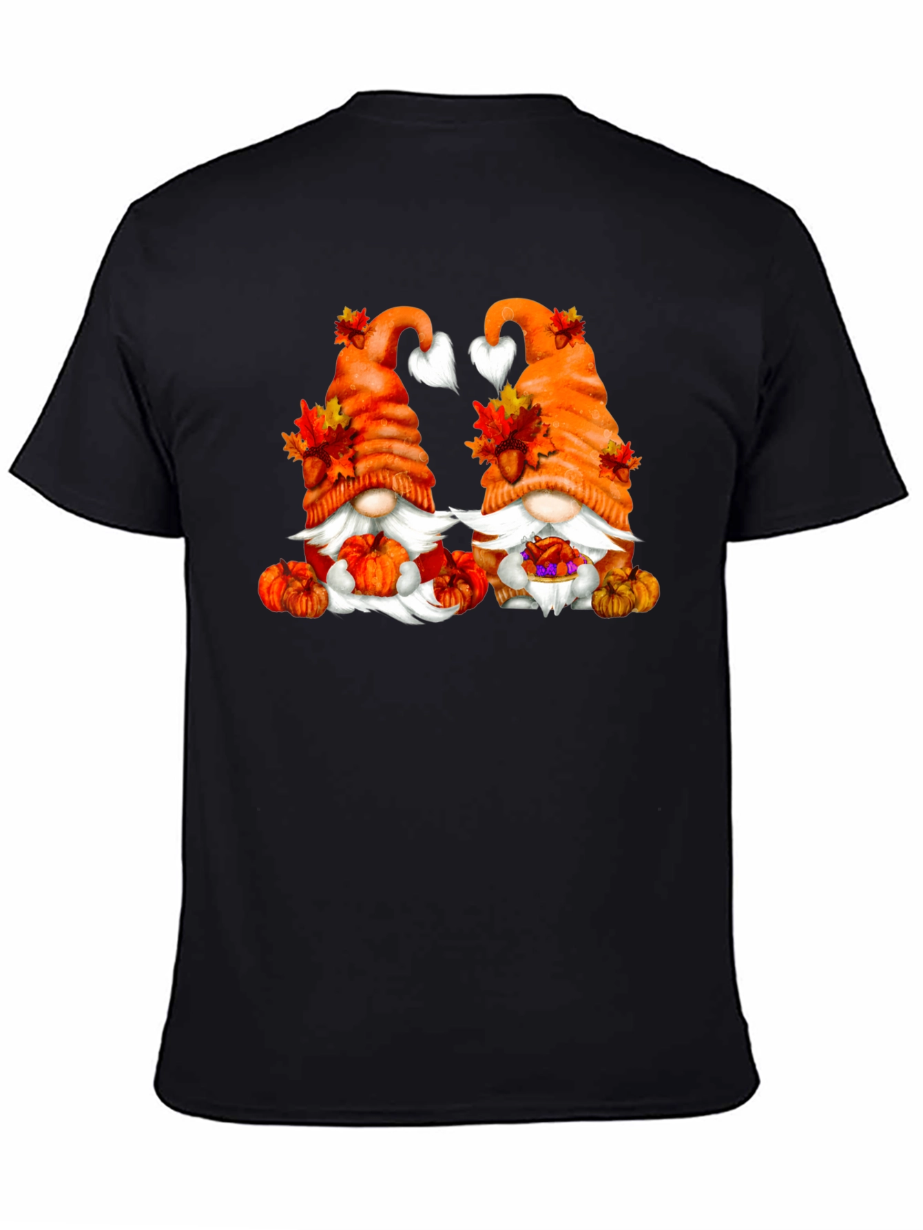 Camiseta Negra con Diseño de Gnomos Otoñales