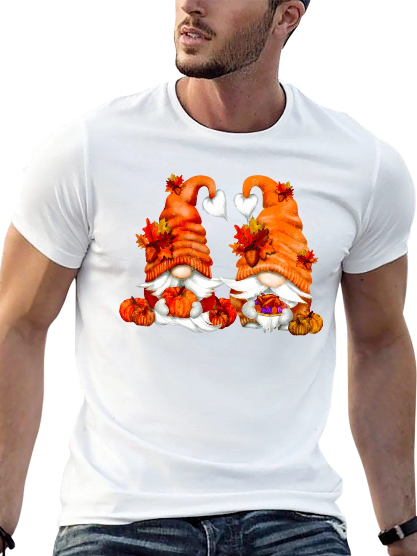 Camiseta Negra con Diseño de Gnomos Otoñales