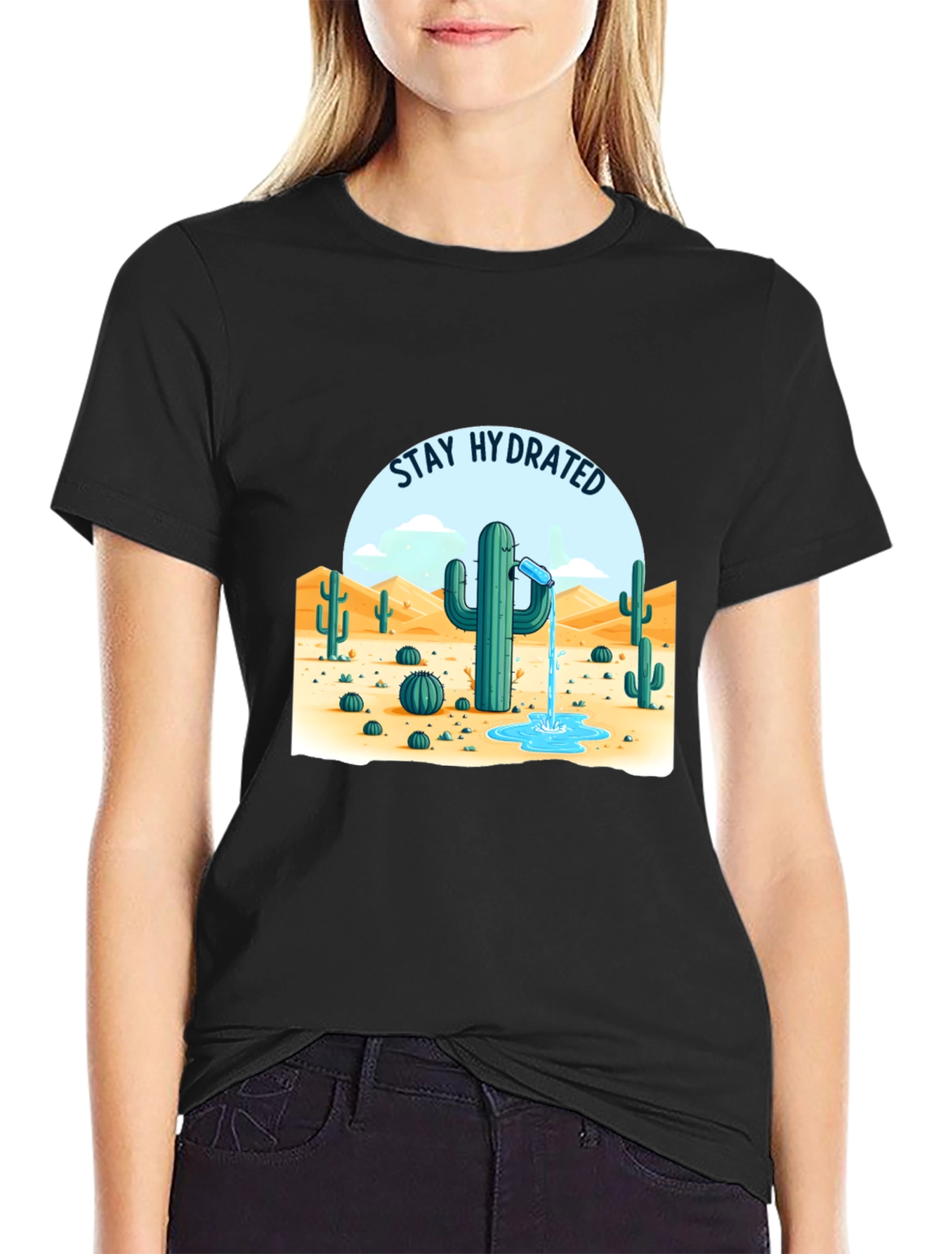 Camiseta Negra Stay Hydrated Cactus
