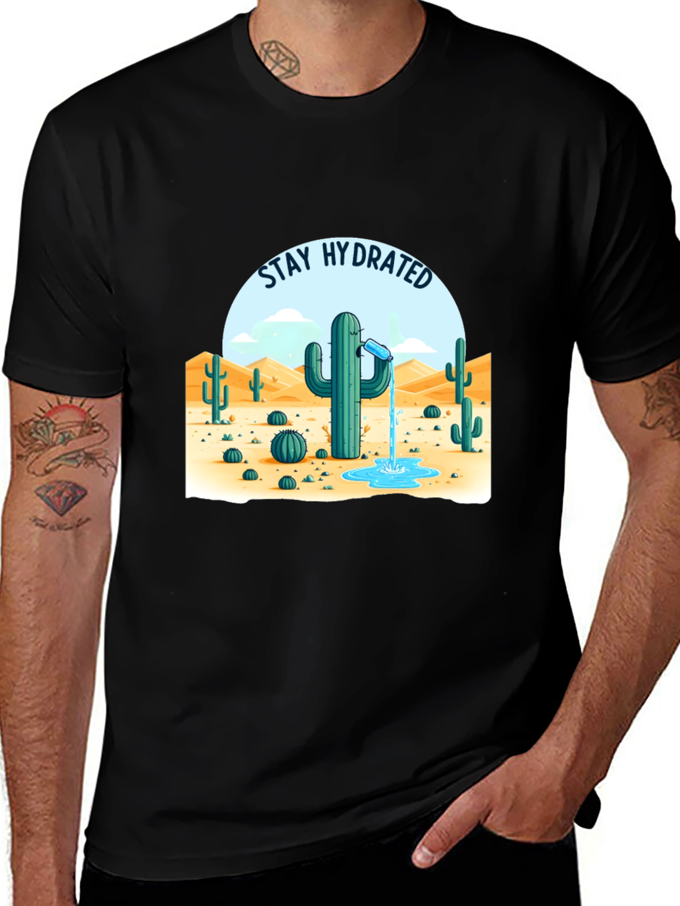 Camiseta Negra Stay Hydrated Cactus