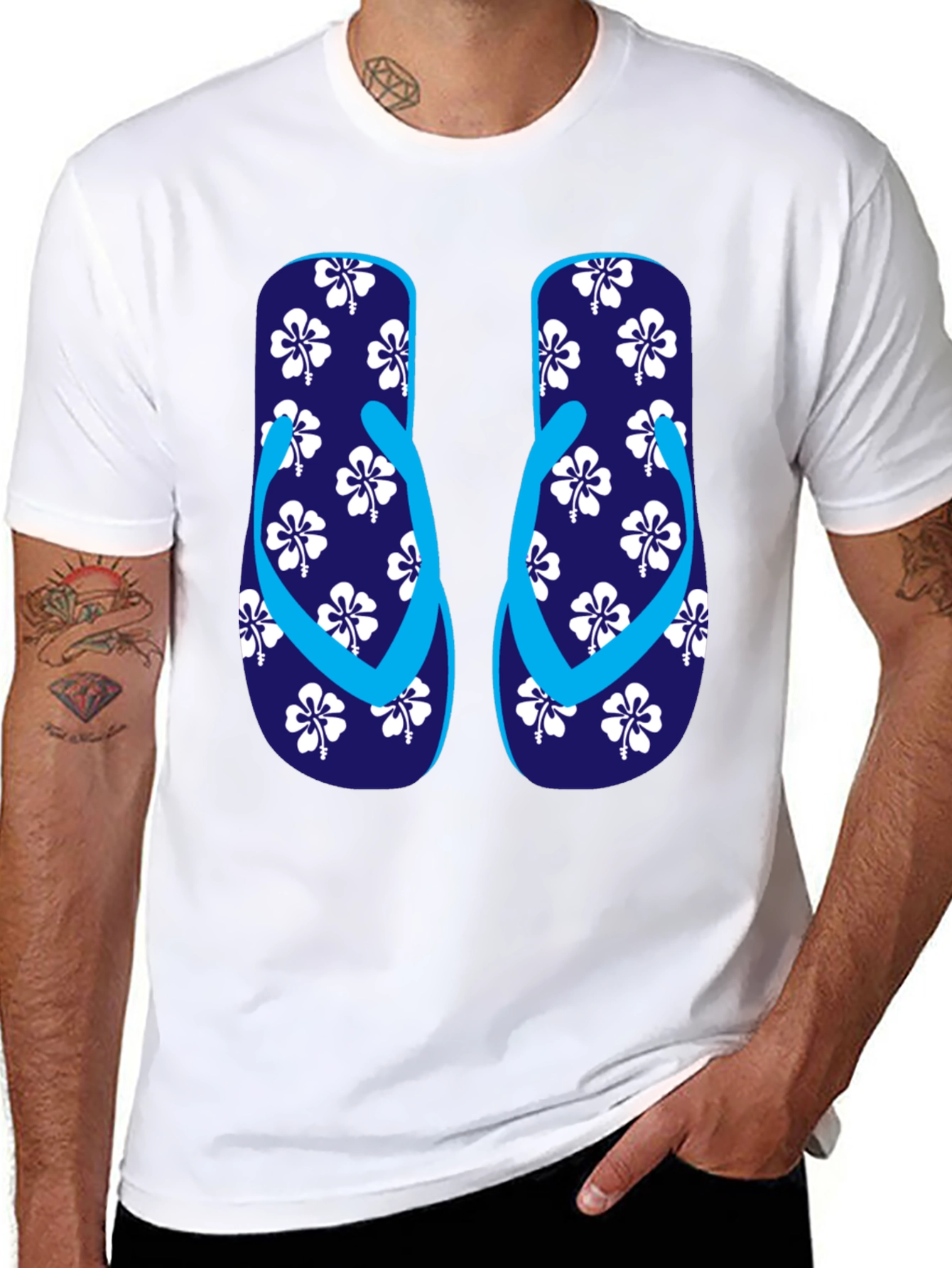 Camiseta Negra con Diseño de Chanclas Tropicales