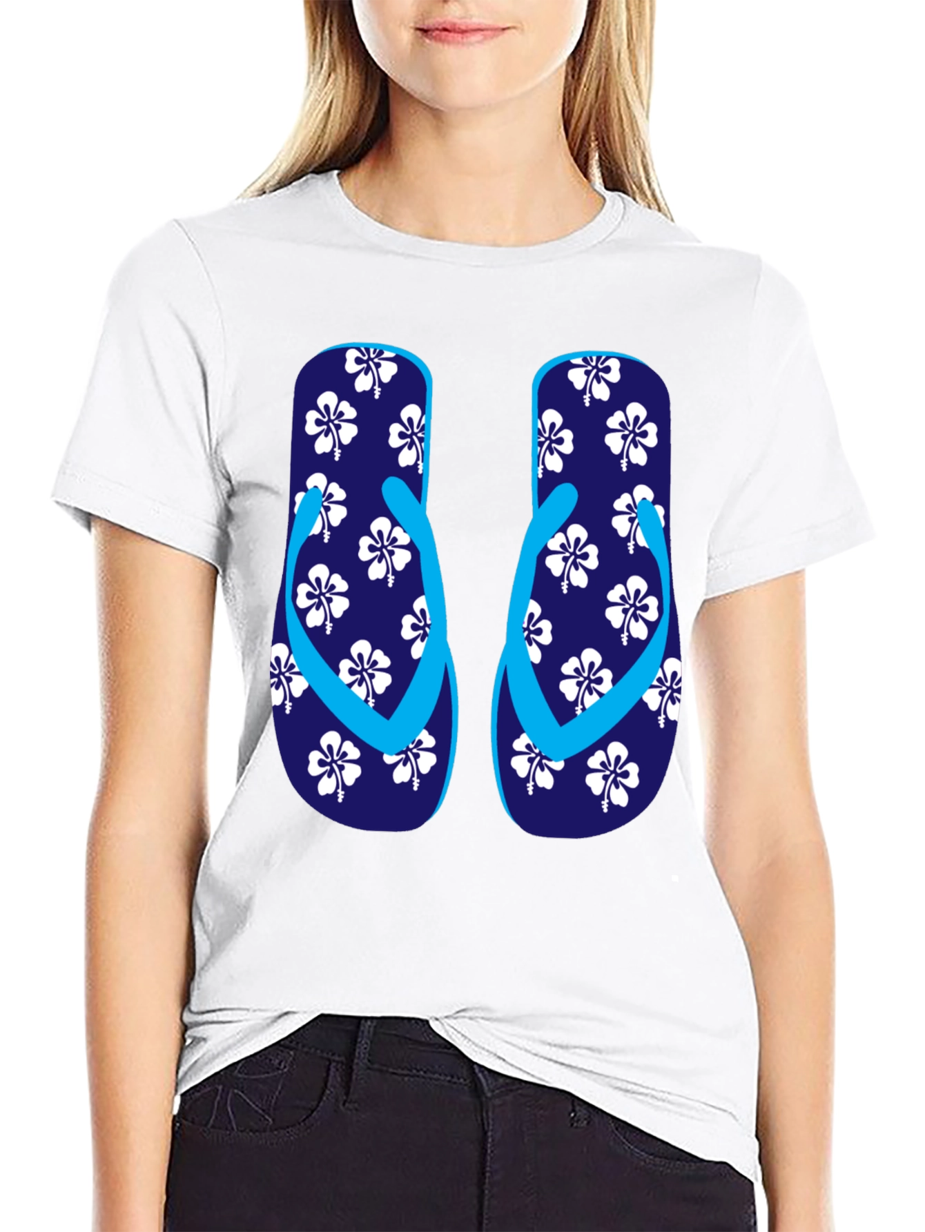 Camiseta Negra con Diseño de Chanclas Tropicales