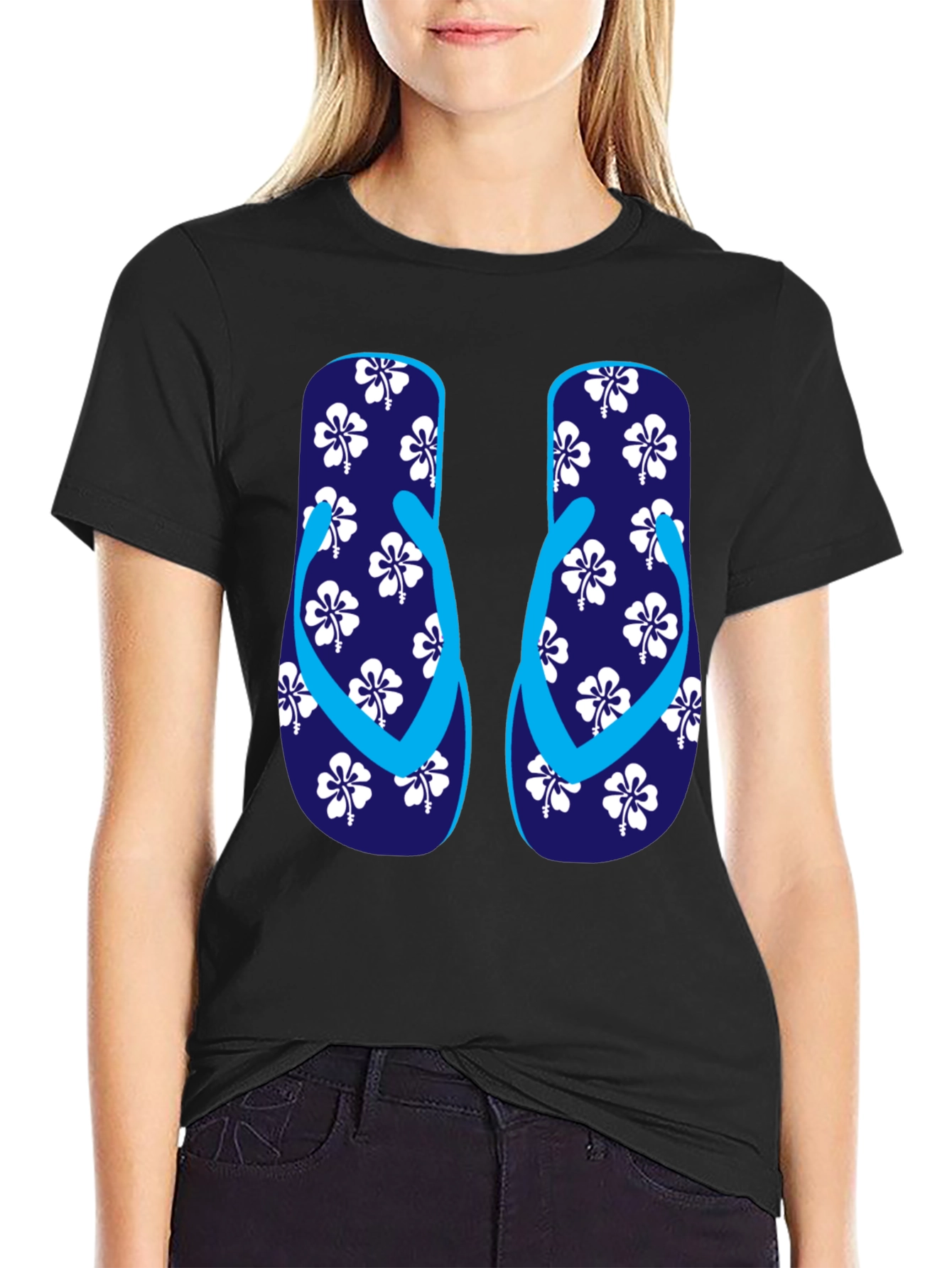 Camiseta Negra con Diseño de Chanclas Tropicales