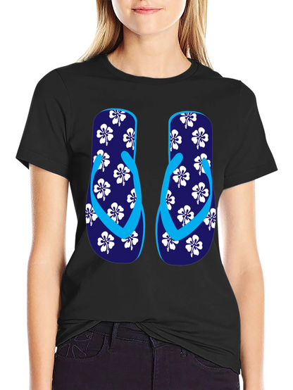 Camiseta Negra con Diseño de Chanclas Tropicales