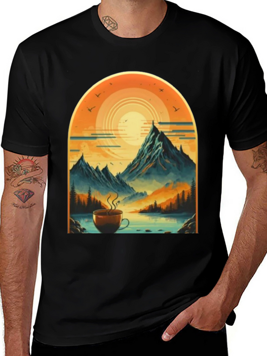Camiseta Negra con Diseño de Café y Montañas al Amanecer