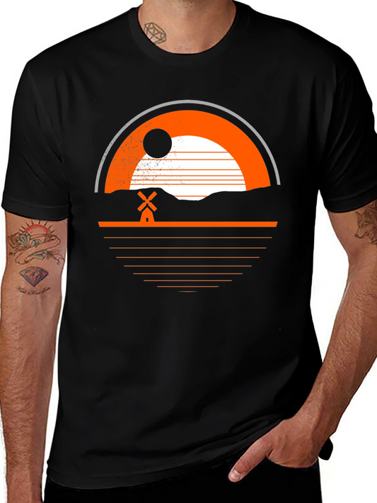 Camiseta negra diseño minimalista atardecer molino