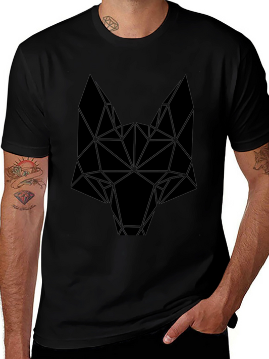 Camiseta Negra Hombre Diseño Cabeza Lobo Geométrica