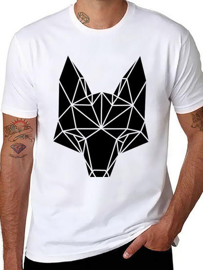 Camiseta Negra Hombre Diseño Cabeza Lobo Geométrica