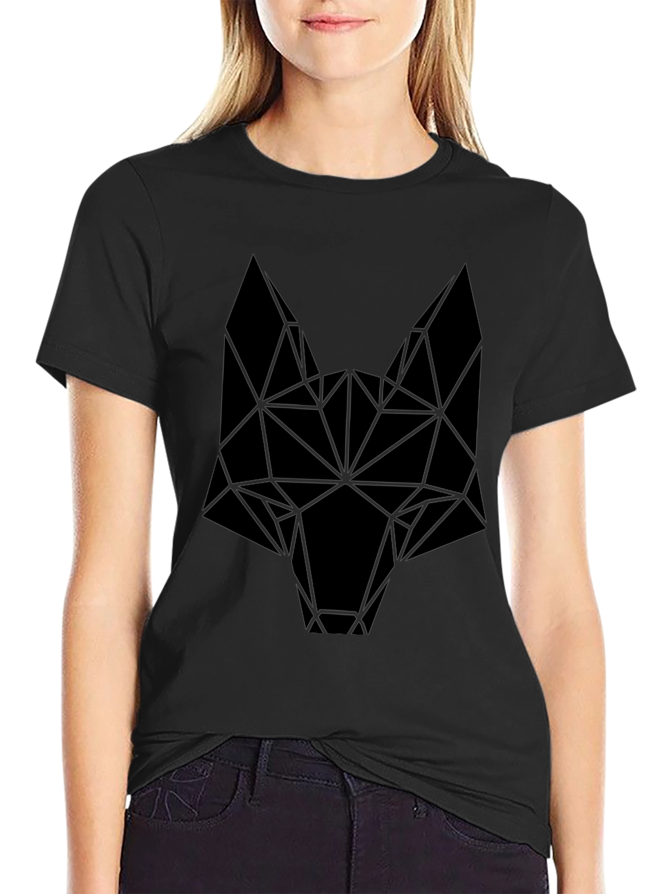 Camiseta Negra Hombre Diseño Cabeza Lobo Geométrica