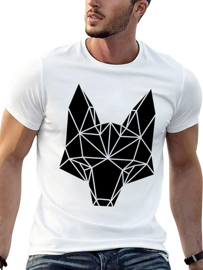 Camiseta Negra Hombre Diseño Cabeza Lobo Geométrica