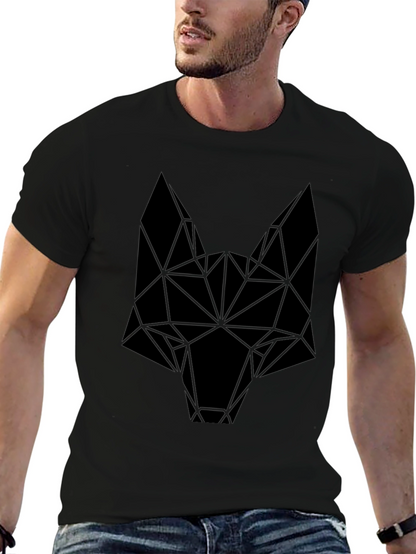 Camiseta Negra Hombre Diseño Cabeza Lobo Geométrica