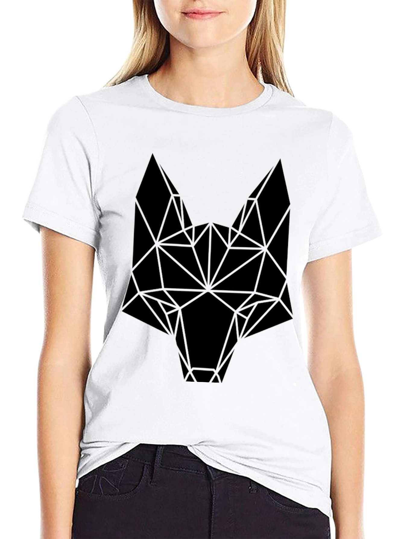 Camiseta Negra Hombre Diseño Cabeza Lobo Geométrica