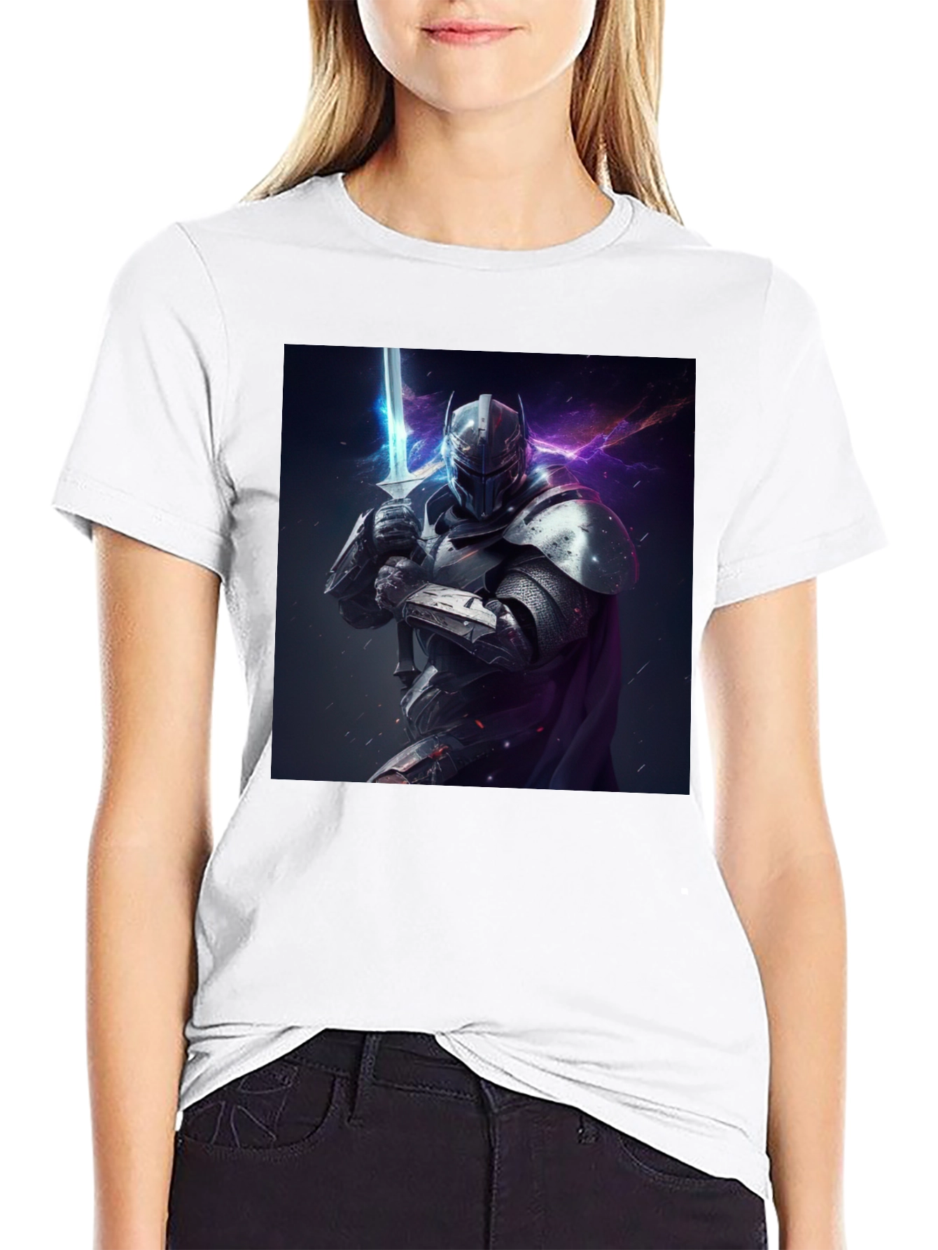 Camiseta Negra Caballero Armadura Espada Fantasía