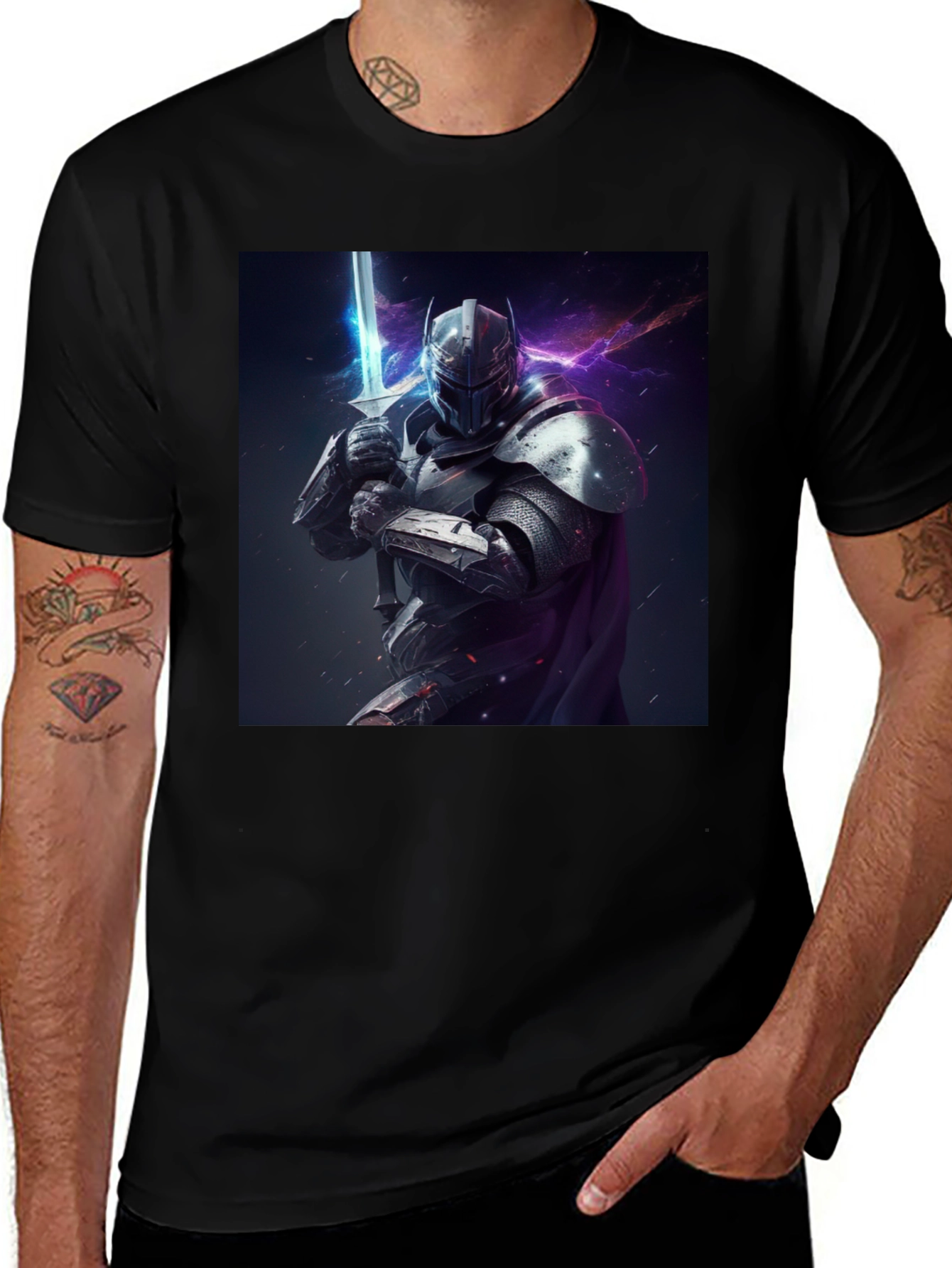 Camiseta Negra Caballero Armadura Espada Fantasía