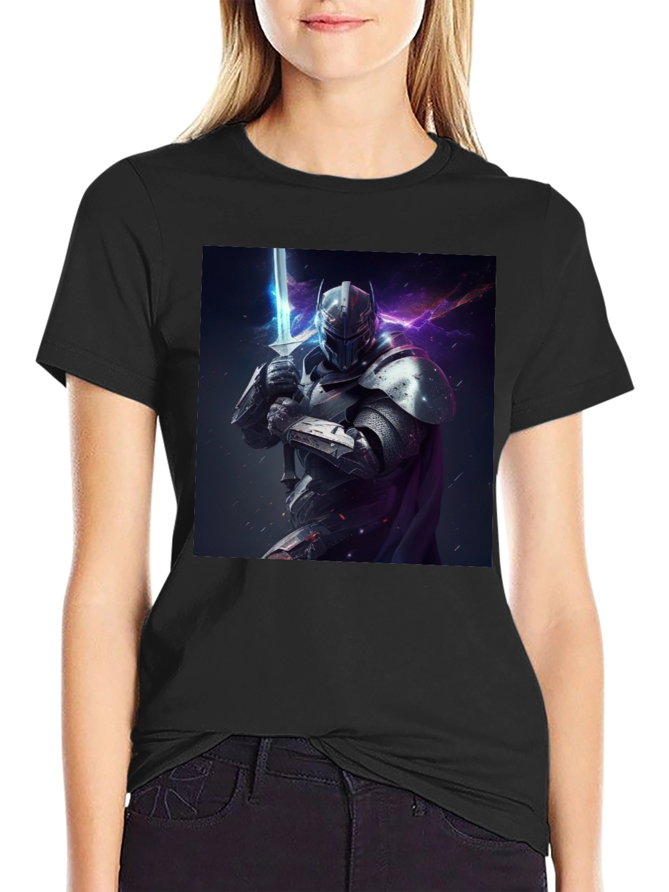 Camiseta Negra Caballero Armadura Espada Fantasía
