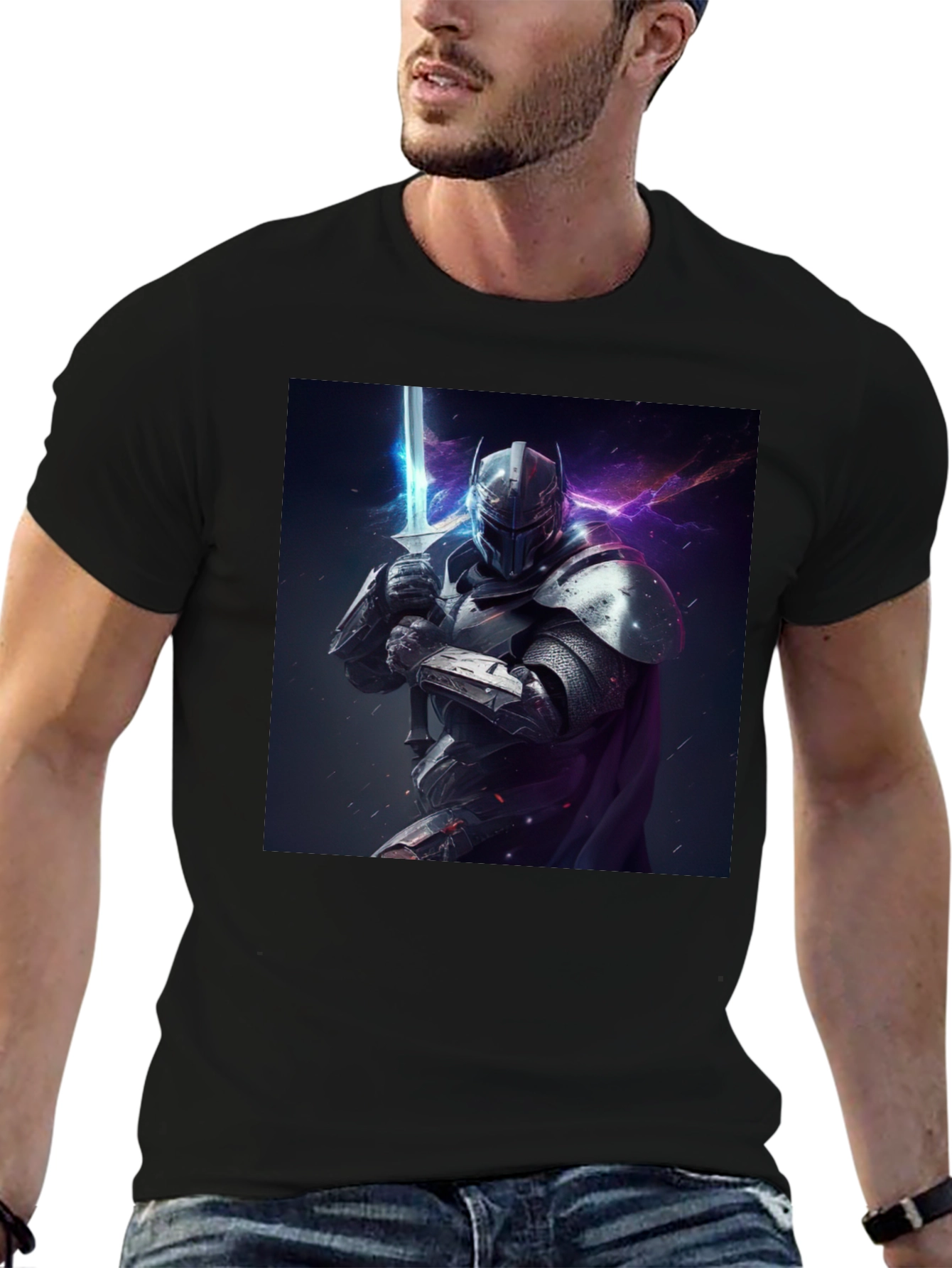 Camiseta Negra Caballero Armadura Espada Fantasía
