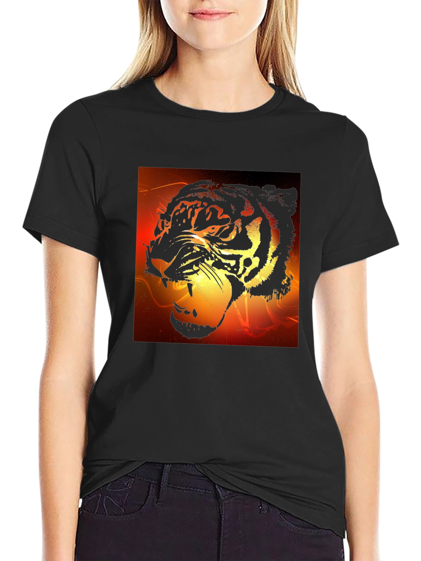 Camiseta Negra Hombre Diseño Tigre Feroz