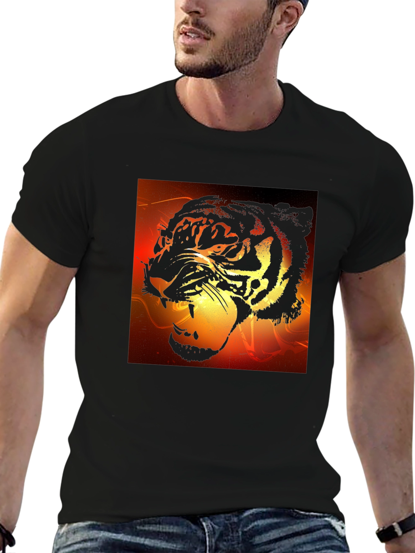 Camiseta Negra Hombre Diseño Tigre Feroz
