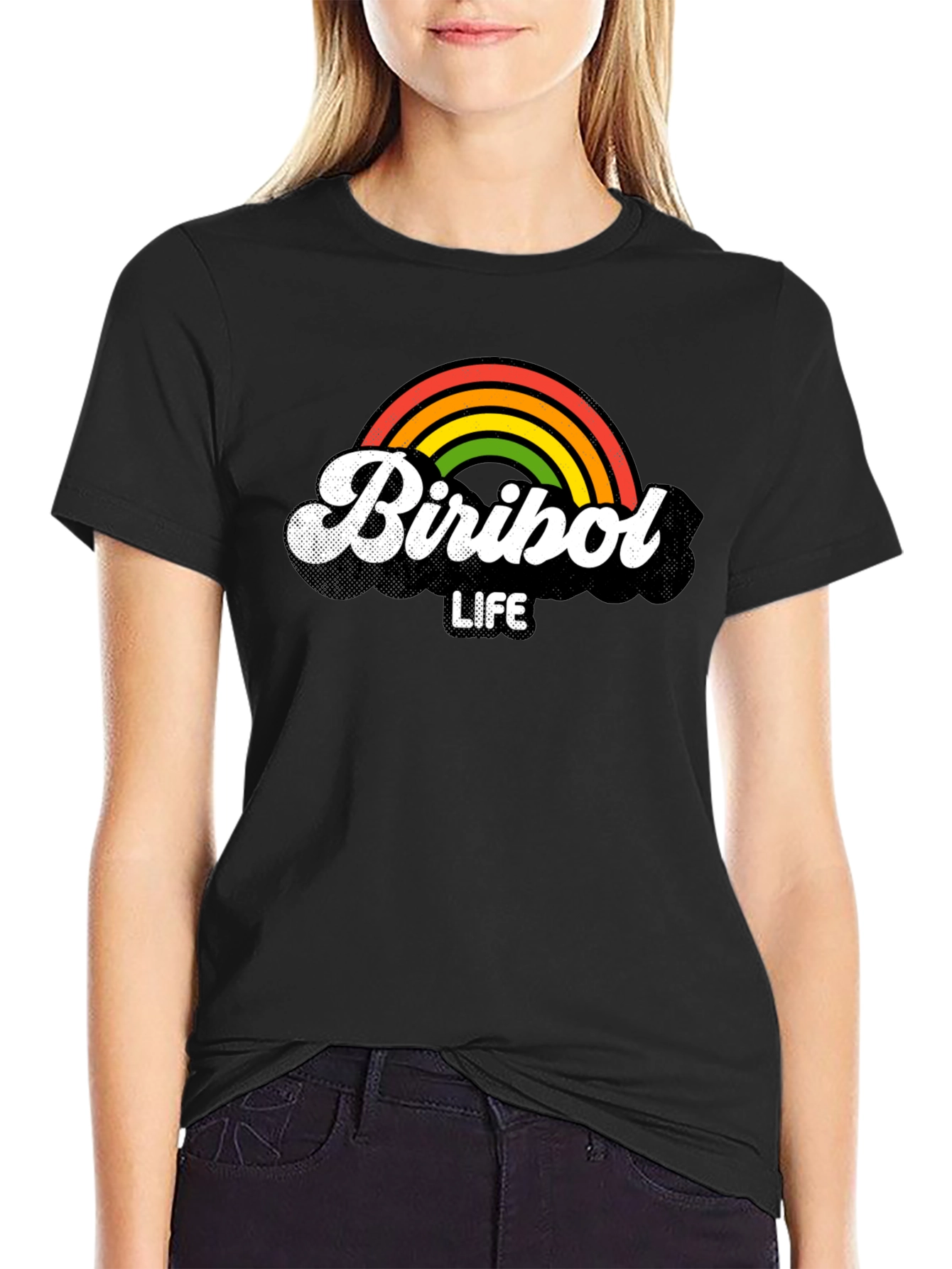 Camiseta Negra Biribol Life con Arcoíris Retro