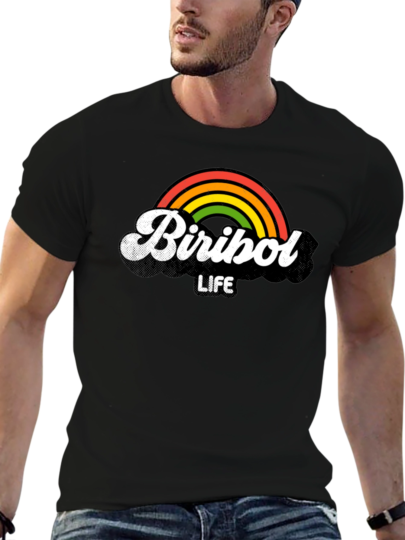 Camiseta Negra Biribol Life con Arcoíris Retro