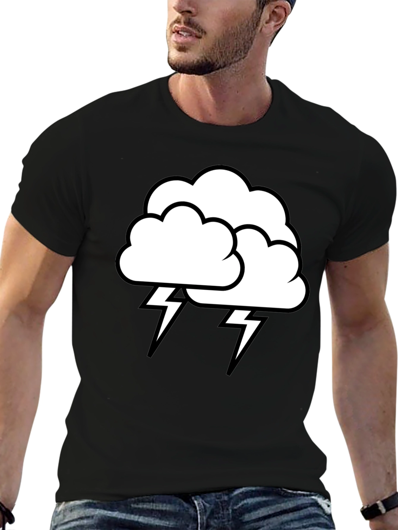Camiseta Negra Nube Tormenta Rayos Algodón Hombre